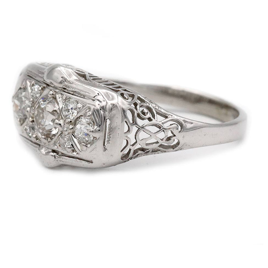 Antique .43 CTW Old Mine Cut Diamond Three-Stone Engagement Ring | 14K