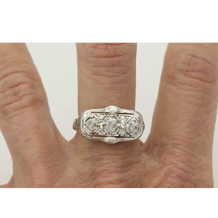 Antique .43 CTW Old Mine Cut Diamond Three-Stone Engagement Ring | 14K