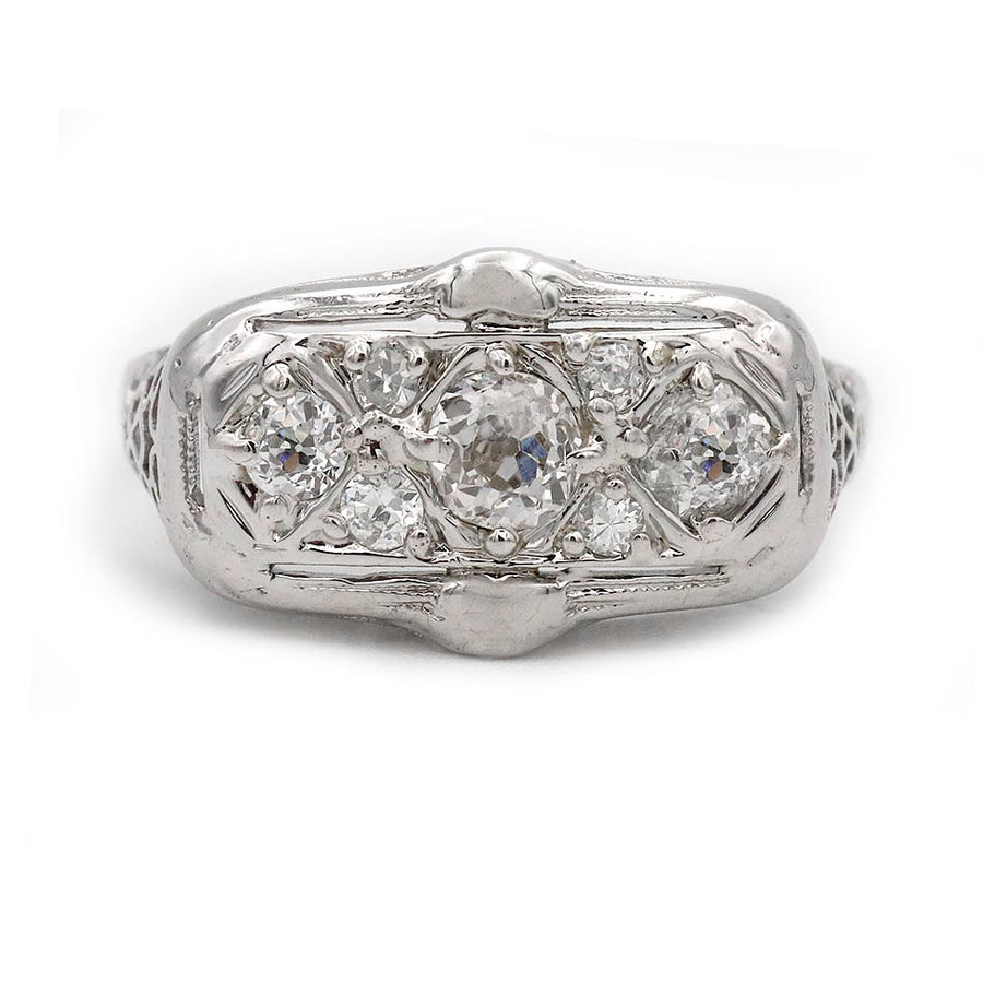 Antique .43 CTW Old Mine Cut Diamond Three-Stone Engagement Ring | 14K