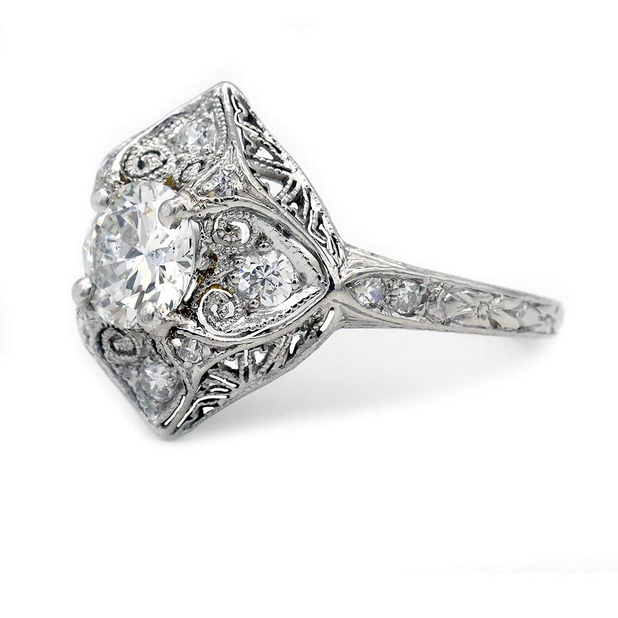 Art Deco .94 CTW Old European Cut Diamond Engagement Ring | Platinum Filigree | GIA F/SI2 | Circa 1930s