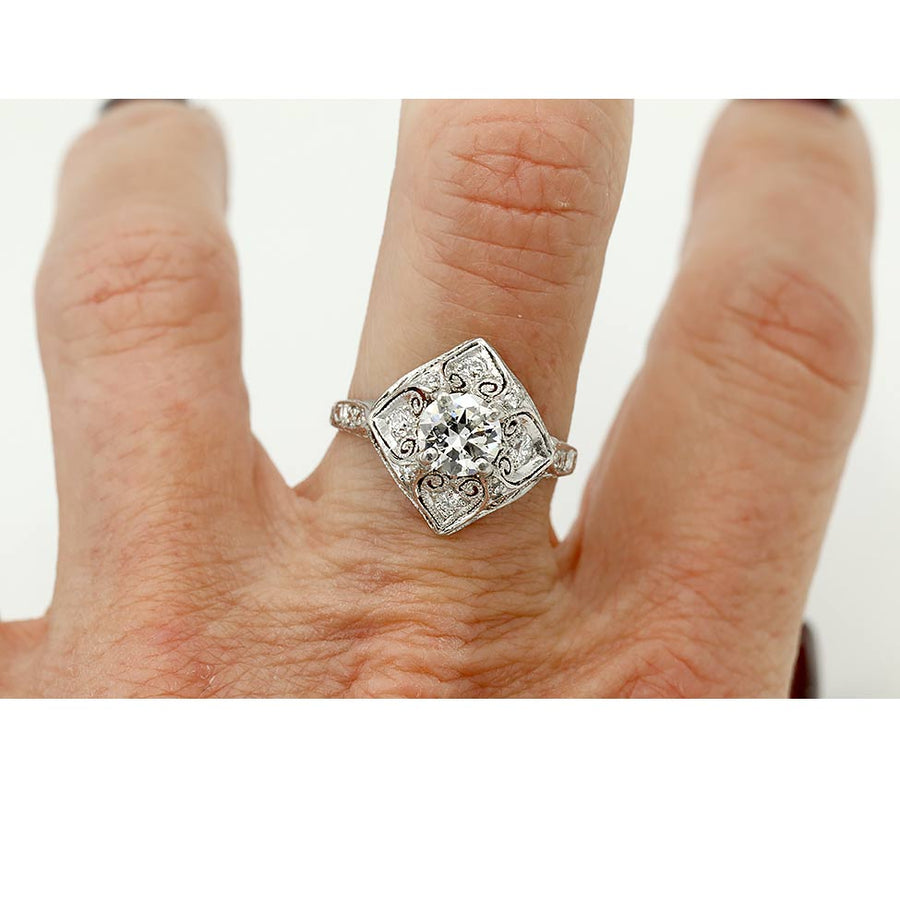 Art Deco .94 CTW Old European Cut Diamond Engagement Ring | Platinum Filigree | GIA F/SI2 | Circa 1930s