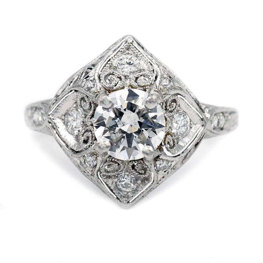 Art Deco .94 CTW Old European Cut Diamond Engagement Ring | Platinum Filigree | GIA F/SI2 | Circa 1930s