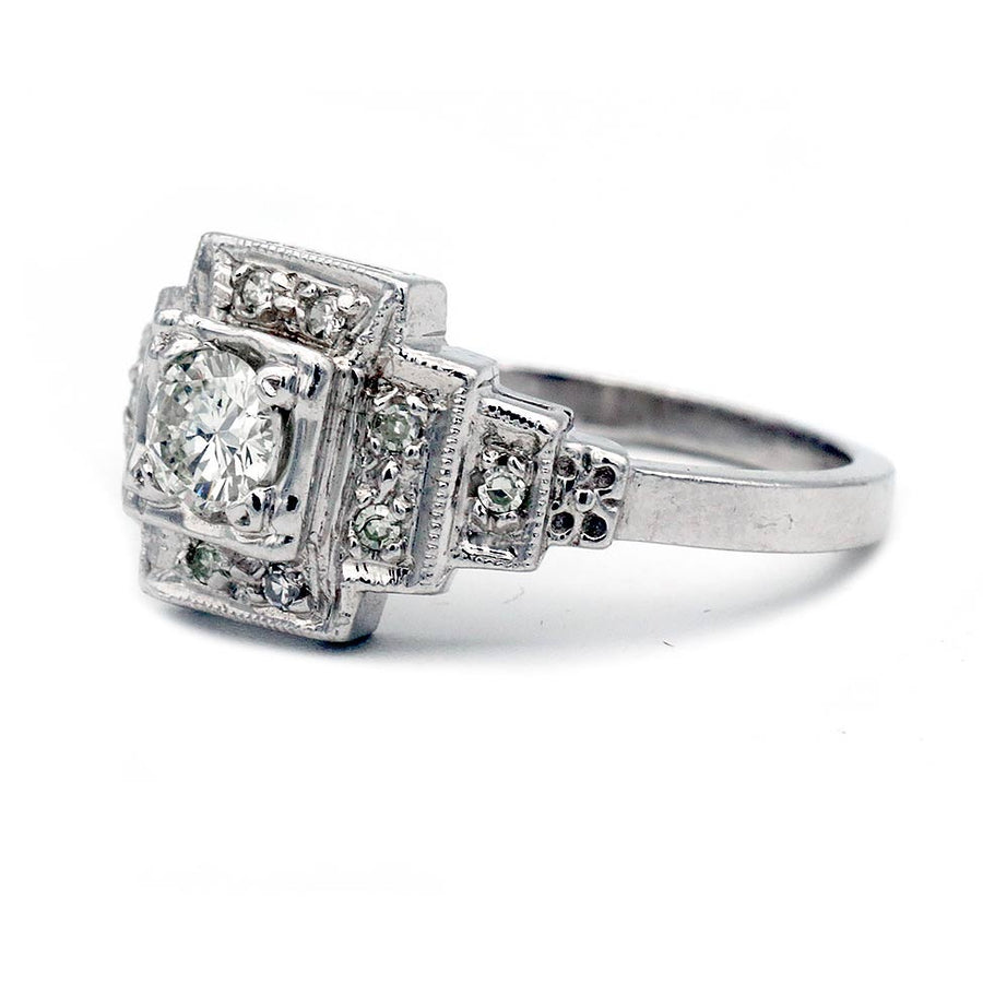 Mid-Century .45 CTW Art Deco Halo Engagement Ring with Side Tiered Diamonds - Vintage Diamond Ring