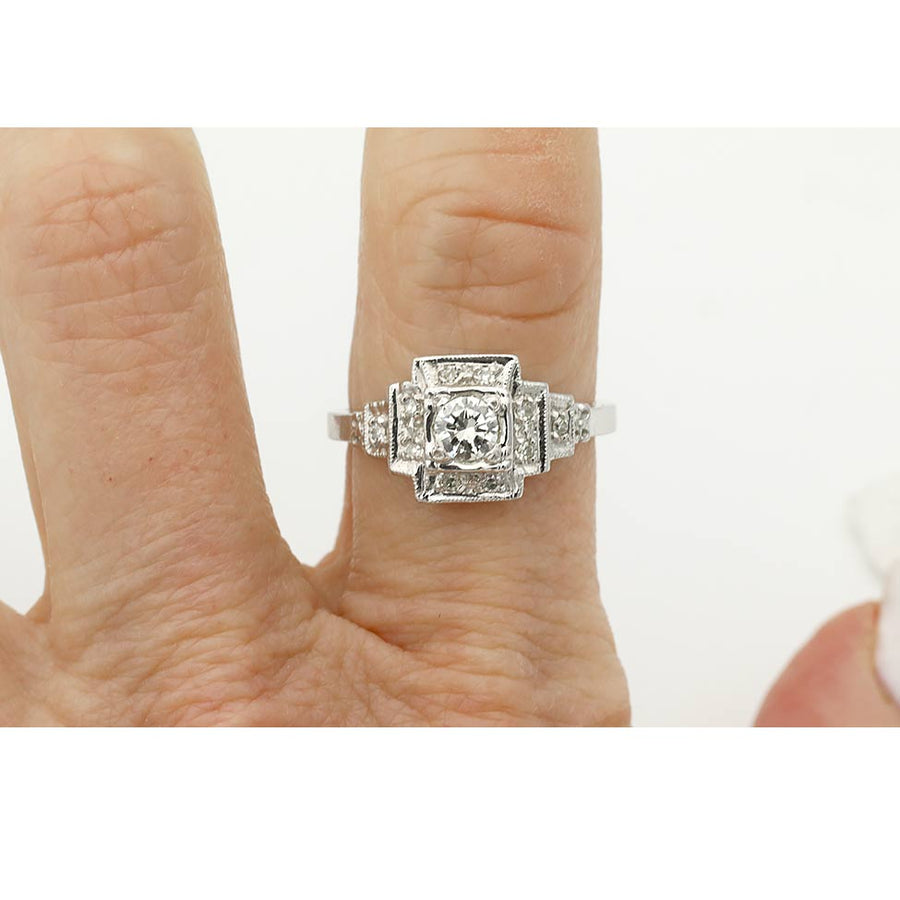 Mid-Century .45 CTW Art Deco Halo Engagement Ring with Side Tiered Diamonds - Vintage Diamond Ring
