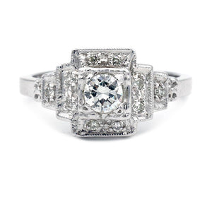 Mid-Century .45 CTW Art Deco Halo Engagement Ring with Side Tiered Diamonds - Vintage Diamond Ring