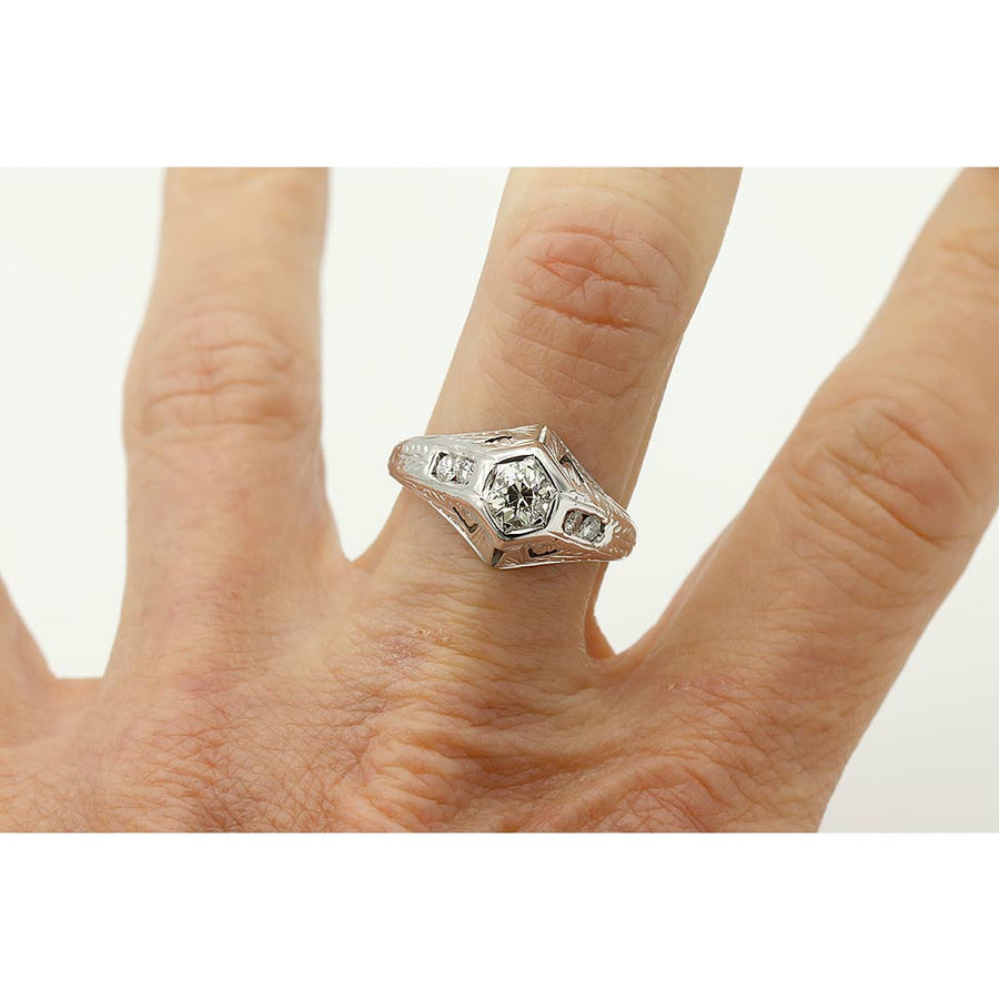 Art Deco 1940s .50 Ct Old Mine Cut Diamond Hexagon Vintage Ring