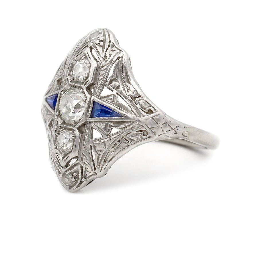 Vintage .75 CTW Art Deco Three Stone Diamond Engagement Ring with Sapphire Sidestones