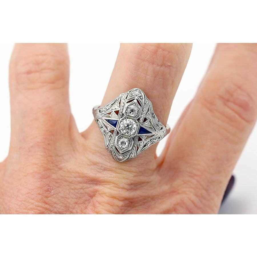 Vintage .75 CTW Art Deco Three Stone Diamond Engagement Ring with Sapphire Sidestones
