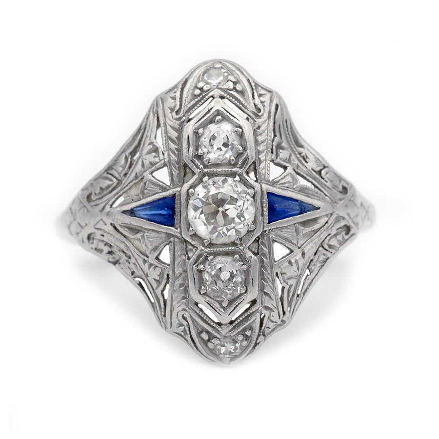 Vintage .75 CTW Art Deco Three Stone Diamond Engagement Ring with Sapphire Sidestones