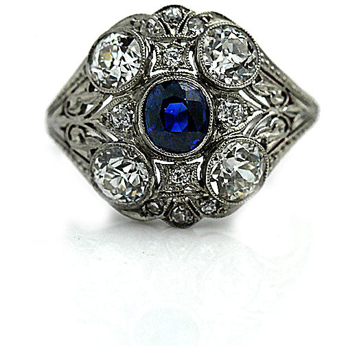Edwardian Bezel Set Dapphire & Old Mine Cut Diamond Platinum Engagement Ring