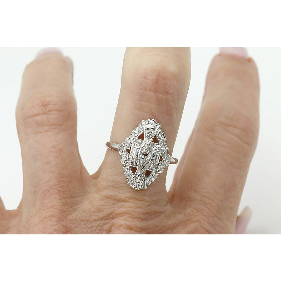 Mid-Century .70 CTW Bezel Set Old Mine Cut Marquise Diamond Vintage Dinner Ring