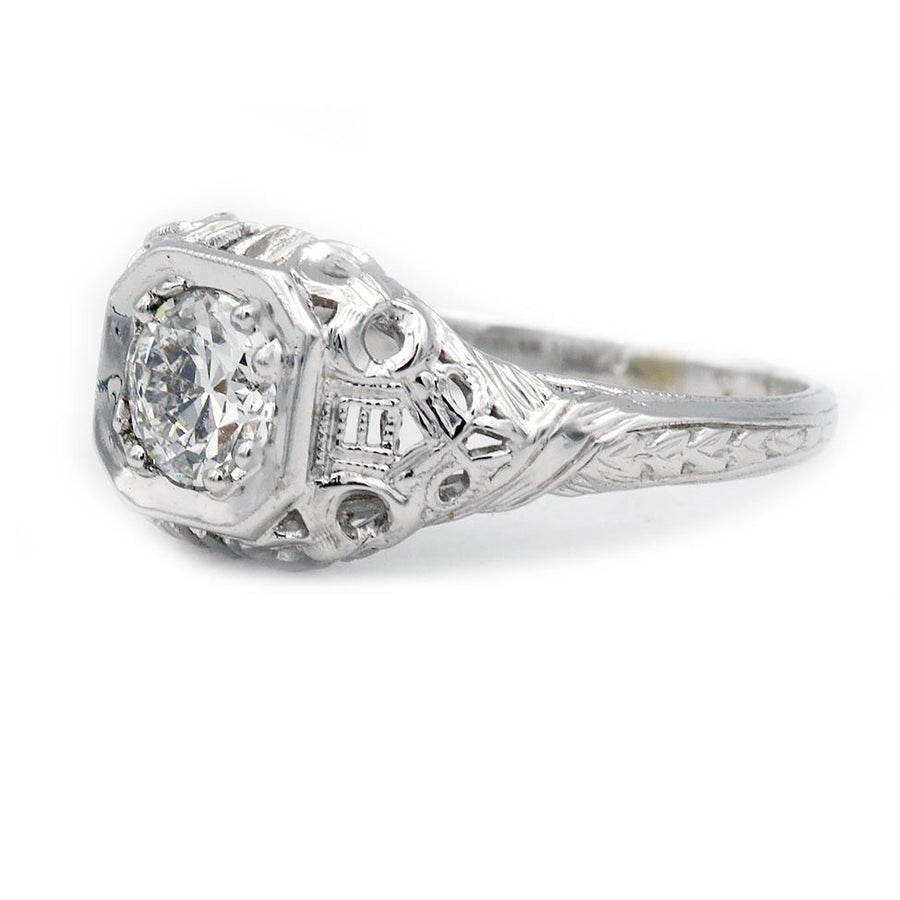 Art Deco Old European Cut Diamond Solitaire Engagement Ring in 18K White Gold | 1930s