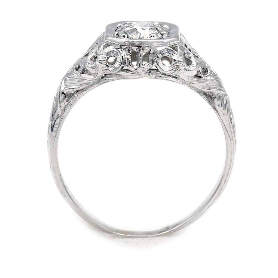 Art Deco Old European Cut Diamond Solitaire Engagement Ring in 18K White Gold | 1930s