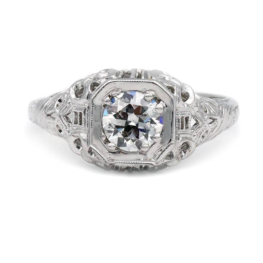 Art Deco Old European Cut Diamond Solitaire Engagement Ring in 18K White Gold | 1930s