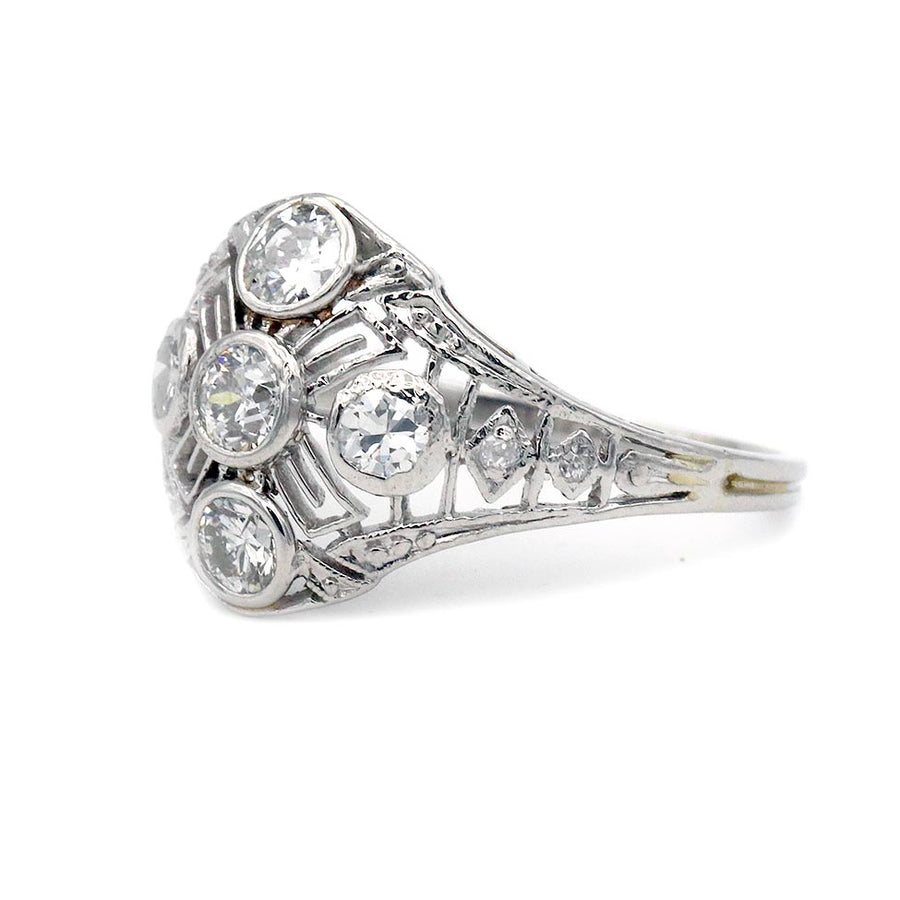 Art Deco .90 CTW Old Mine Cut Diamond Cocktail Ring in 18K White Gold