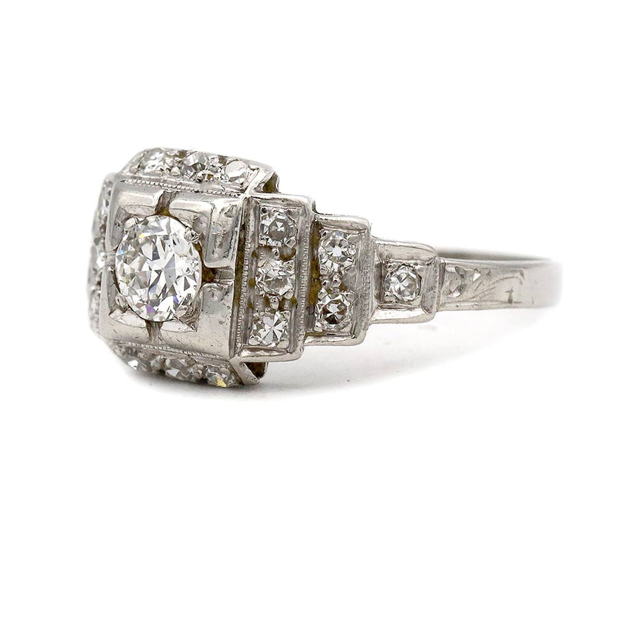 Art Deco .71 CTW Halo Engagement Ring with Tiered Side Stones - Vintage Diamond Ring