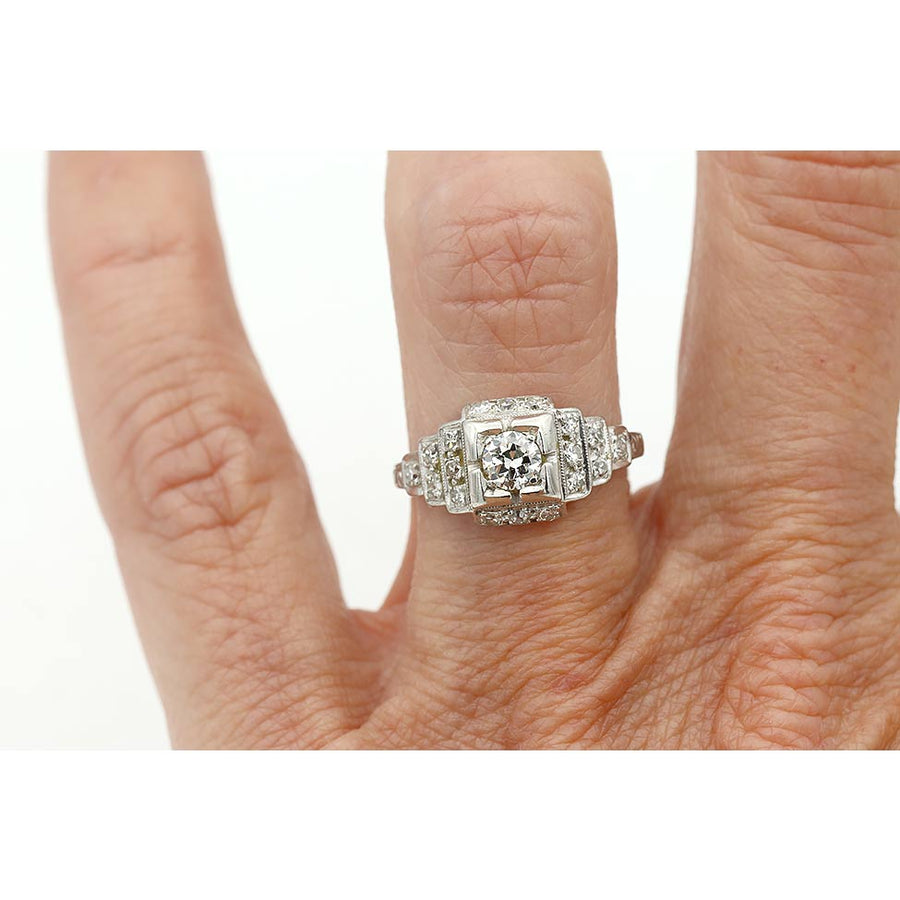 Art Deco .71 CTW Halo Engagement Ring with Tiered Side Stones - Vintage Diamond Ring