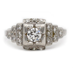 Art Deco .71 CTW Halo Engagement Ring with Tiered Side Stones - Vintage Diamond Ring