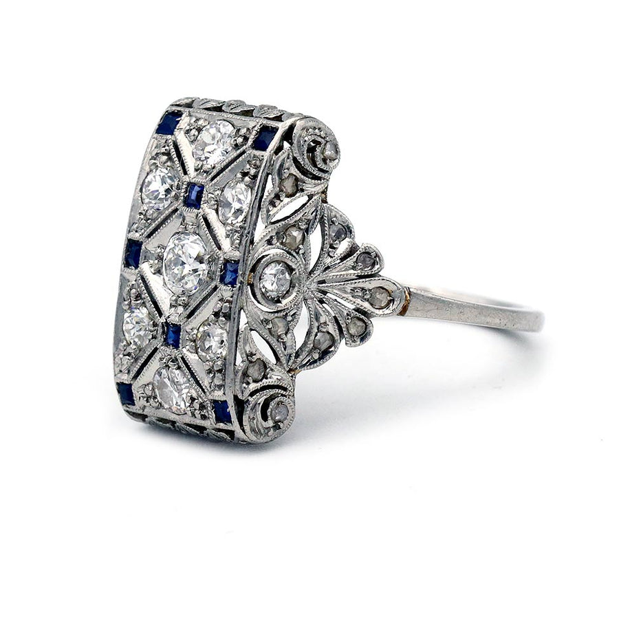 Art Deco 1.60 CTW Diamond & Square Cut Sapphire Vintage Cocktail Ring - Vintage Diamond Ring