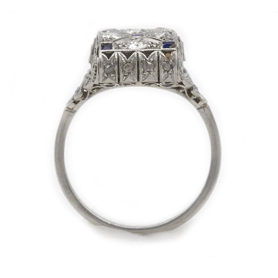 Art Deco 1.60 CTW Diamond & Square Cut Sapphire Vintage Cocktail Ring - Vintage Diamond Ring
