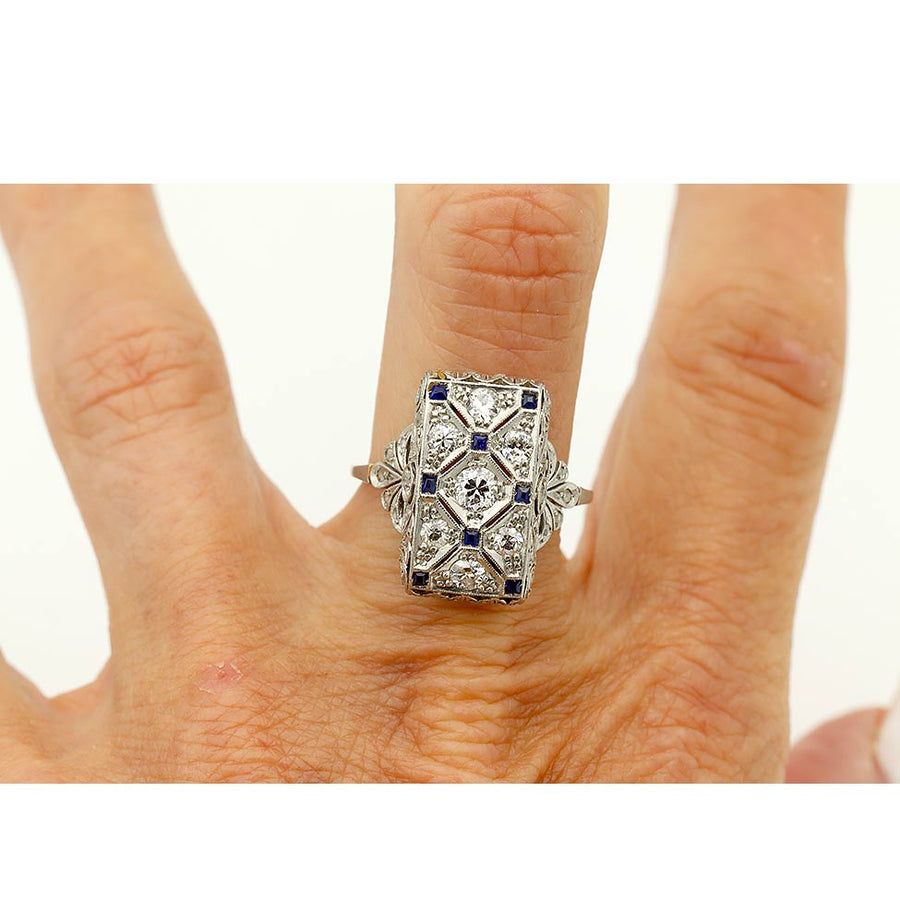 Art Deco 1.60 CTW Diamond & Square Cut Sapphire Vintage Cocktail Ring - Vintage Diamond Ring