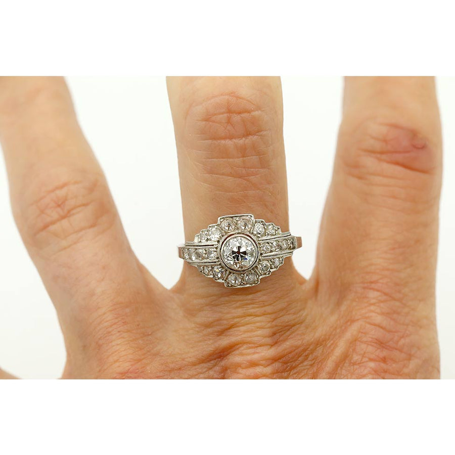 Edwardian Diamond Halo Engagement Ring — .50 ct F/VS2 Old European Cut in Platinum