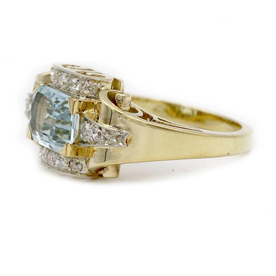 Retro 2.00 Ct Emerald Cut Aquamarine & Diamond Engagement Ring in Platinum & 14K Gold