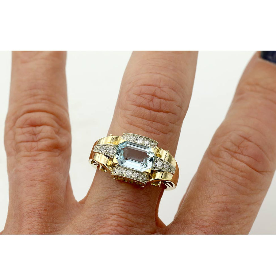 Retro 2.00 Ct Emerald Cut Aquamarine & Diamond Engagement Ring in Platinum & 14K Gold