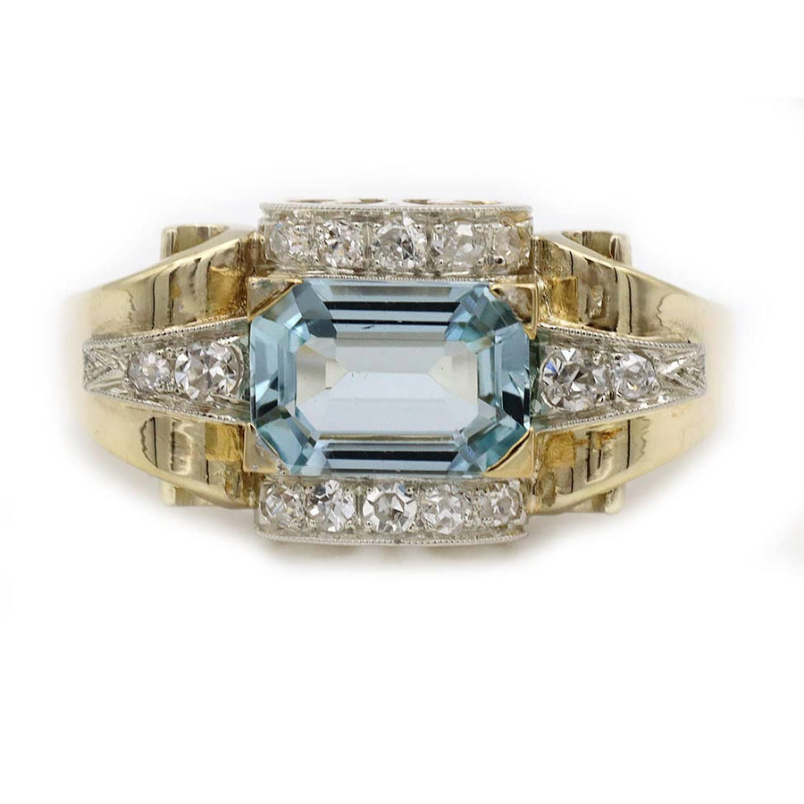 Retro 2.00 Ct Emerald Cut Aquamarine & Diamond Engagement Ring in Platinum & 14K Gold