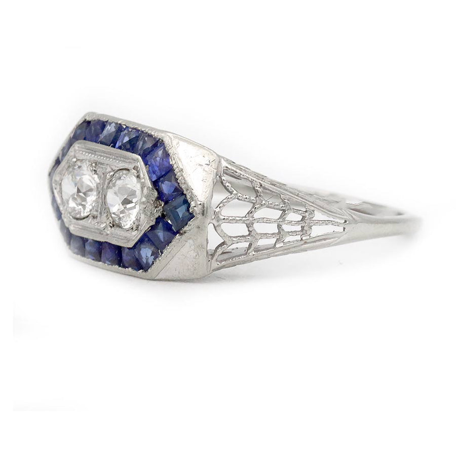 Art Deco .80 CTW Old Mine Cut Diamond & Burma Sapphire Wedding Ring in 18K White Gold