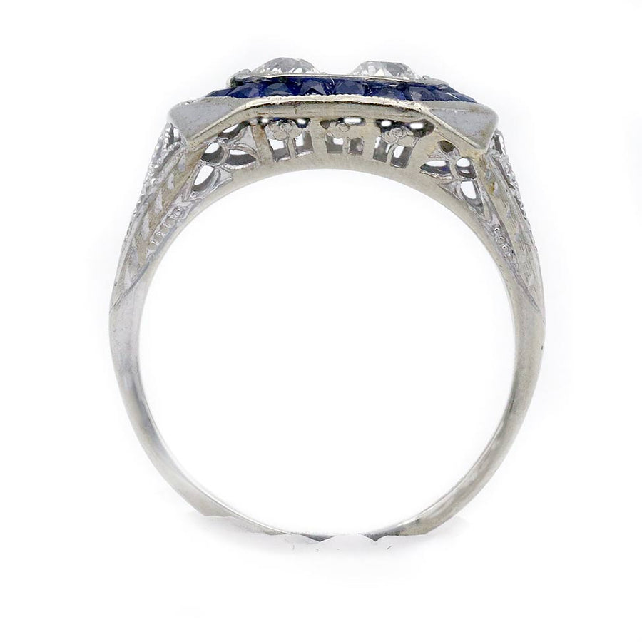Art Deco .80 CTW Old Mine Cut Diamond & Burma Sapphire Wedding Ring in 18K White Gold