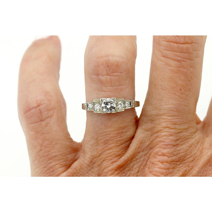 Art Deco .30 Ct Old European Cut Diamond Antique Engagement Ring with Tiered Side Diamonds