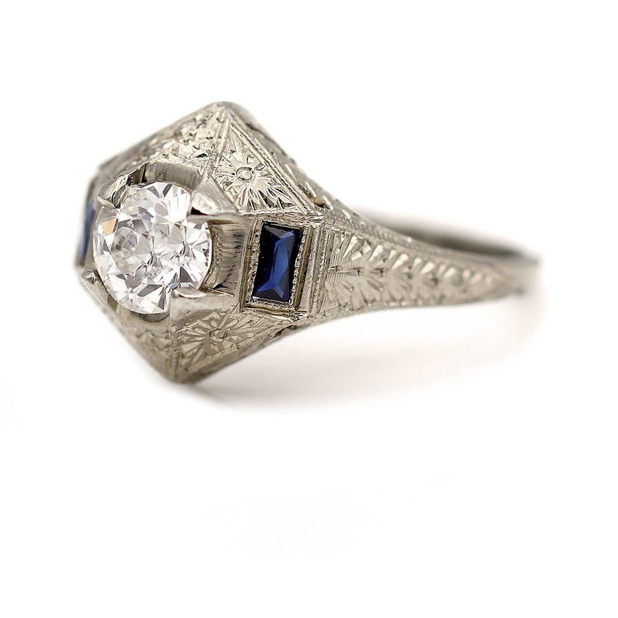 Art Deco .63 Ct Old European Cut Diamond Engagement Ring with Sapphire Baguettes (GIA H/SI1)