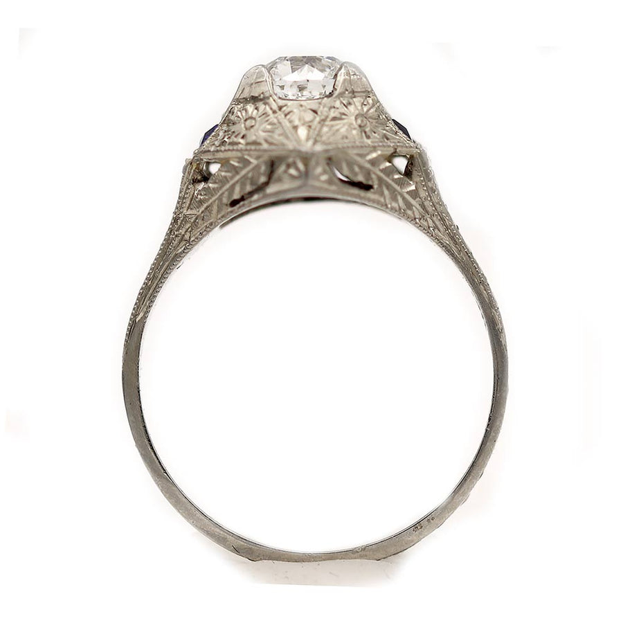 Art Deco .63 Ct Old European Cut Diamond Engagement Ring with Sapphire Baguettes (GIA H/SI1)