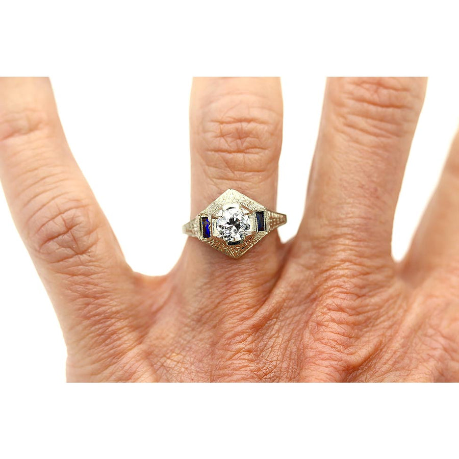 Art Deco .63 Ct Old European Cut Diamond Engagement Ring with Sapphire Baguettes (GIA H/SI1)