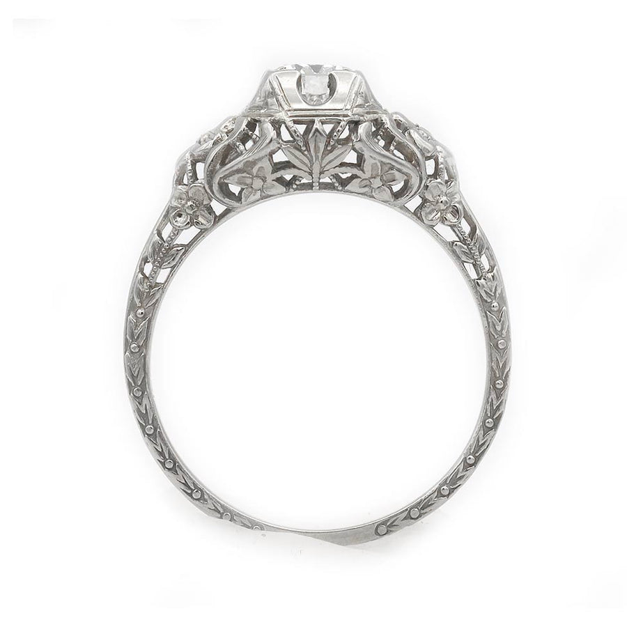Art Deco .35 Ct Old European Cut Floral Engagement Ring in 18K White Gold