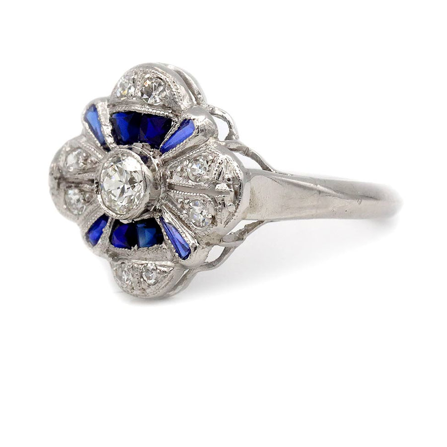 Art Deco .81 CTW Blue Sapphire & .25ct Diamond Engagement Ring | Circa 1930s 14k White Gold
