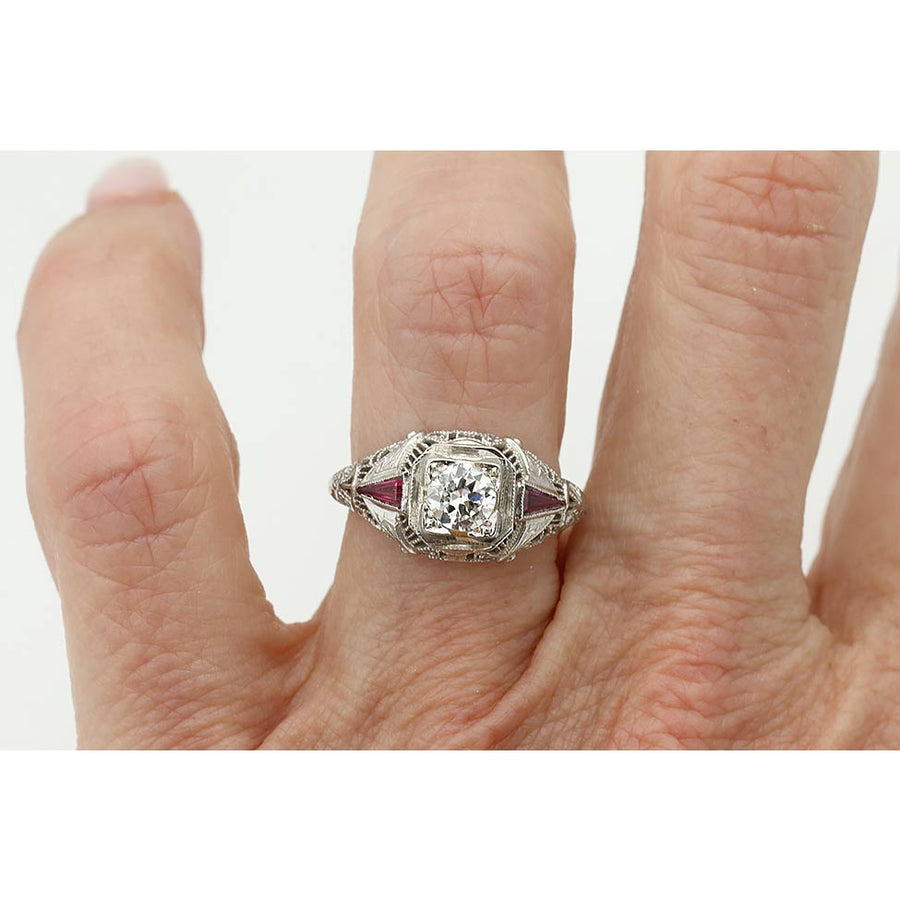 Art Deco Old European Cut Diamond & Ruby Ring .50 CT in 14K White Gold