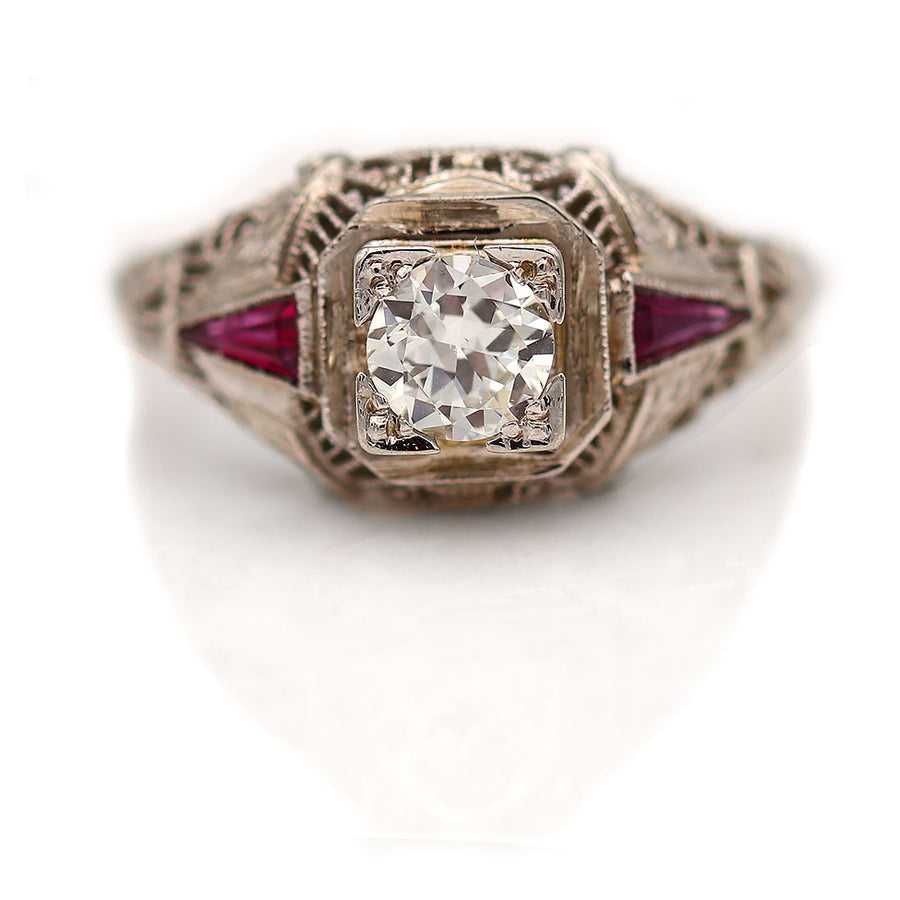 Vintage .70 CTW Art Deco European Cut Diamond Ruby Engagement Ring - Vintage Diamond Ring