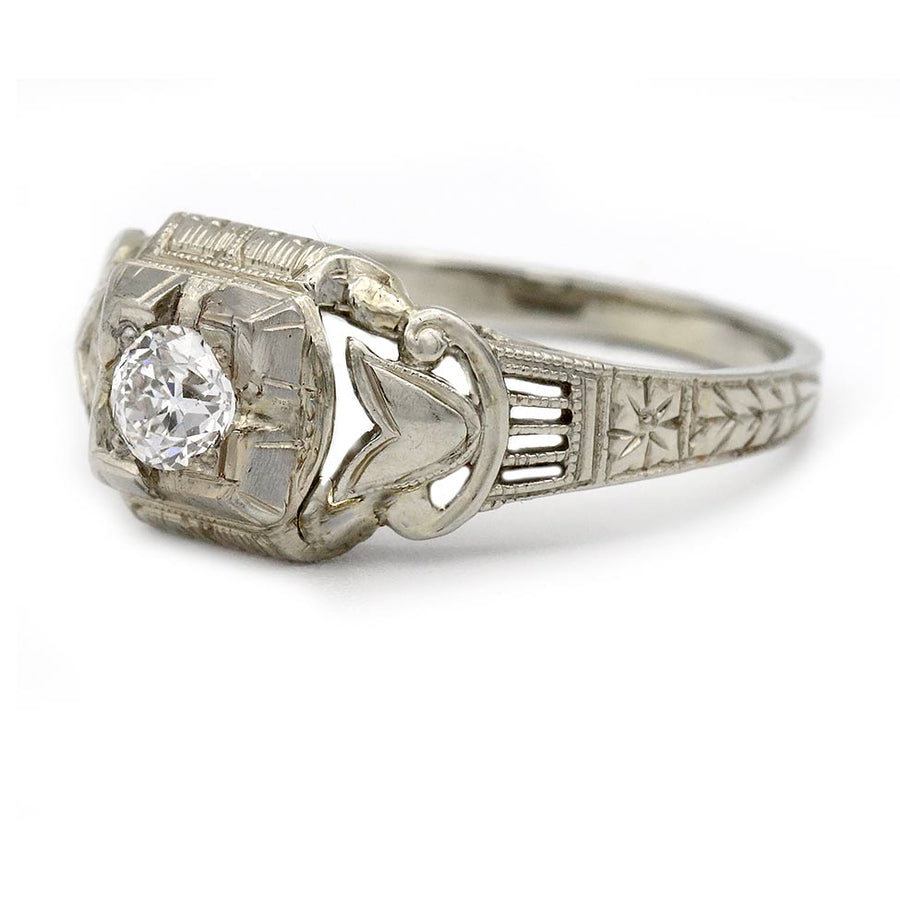 Art Deco .25 Ct Old European Cut Diamond Engagement Ring in 18 Karat White Gold