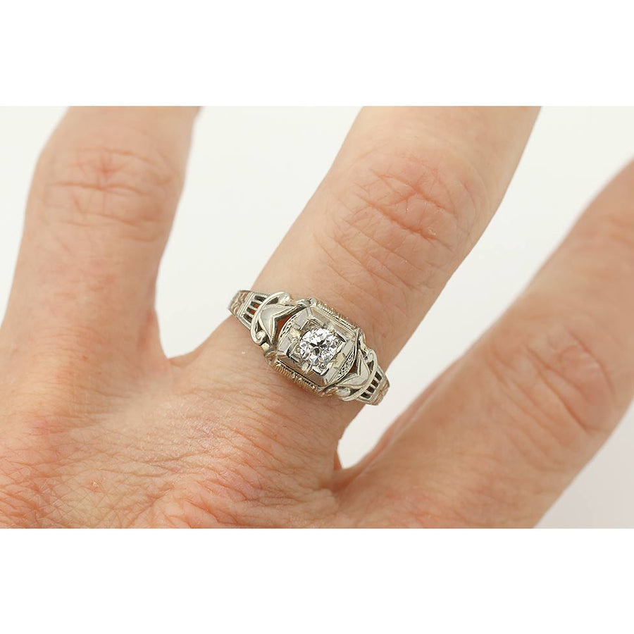 Art Deco .25 Ct Old European Cut Diamond Engagement Ring in 18 Karat White Gold