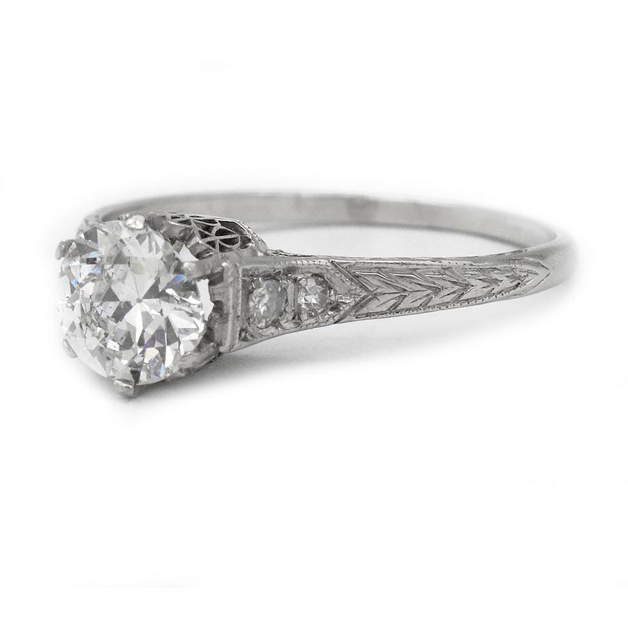 Vintage Old European Cut Diamond Art Deco Engagement Ring .85 CT Platinum Filigree Band Circa 1920s