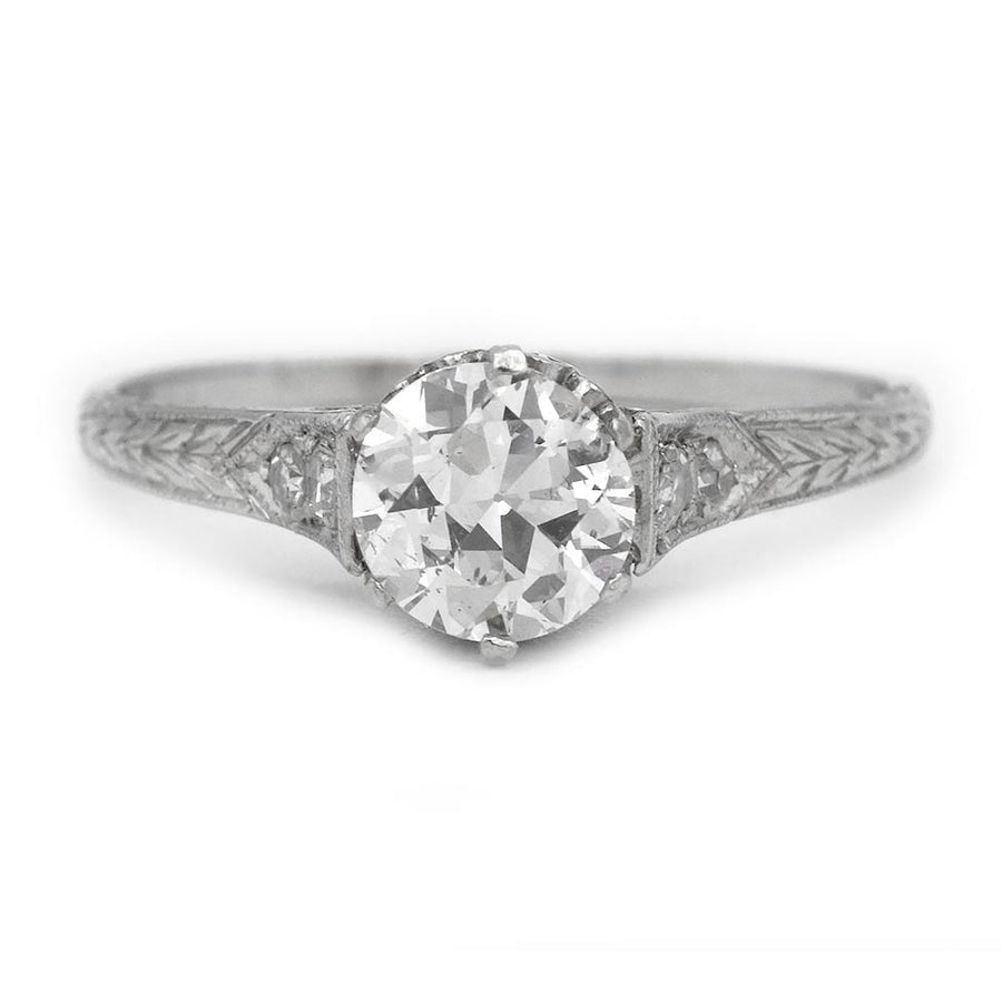 Vintage Old European Cut Diamond Art Deco Engagement Ring .85 CT Platinum Filigree Band Circa 1920s