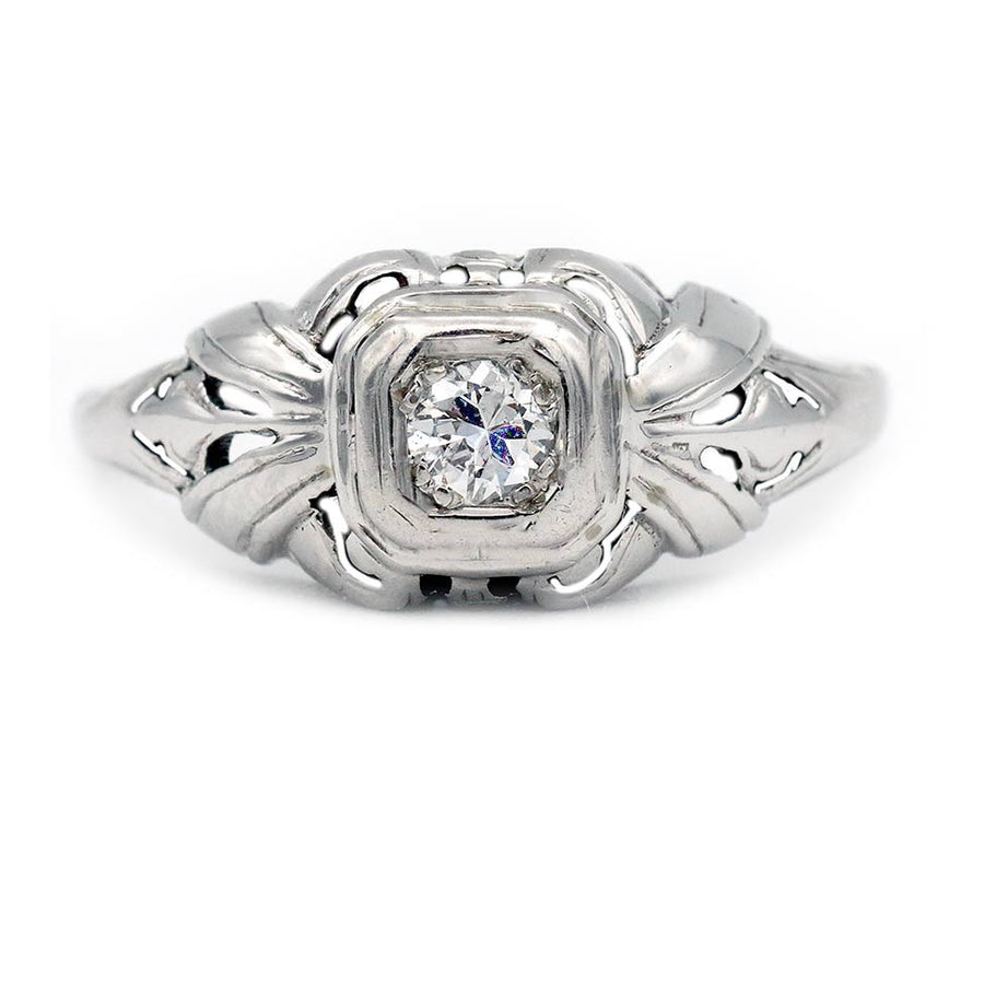 Art Deco .20 Ct Old European Square Engagement Ring in 14K White Gold | Circa 1920s