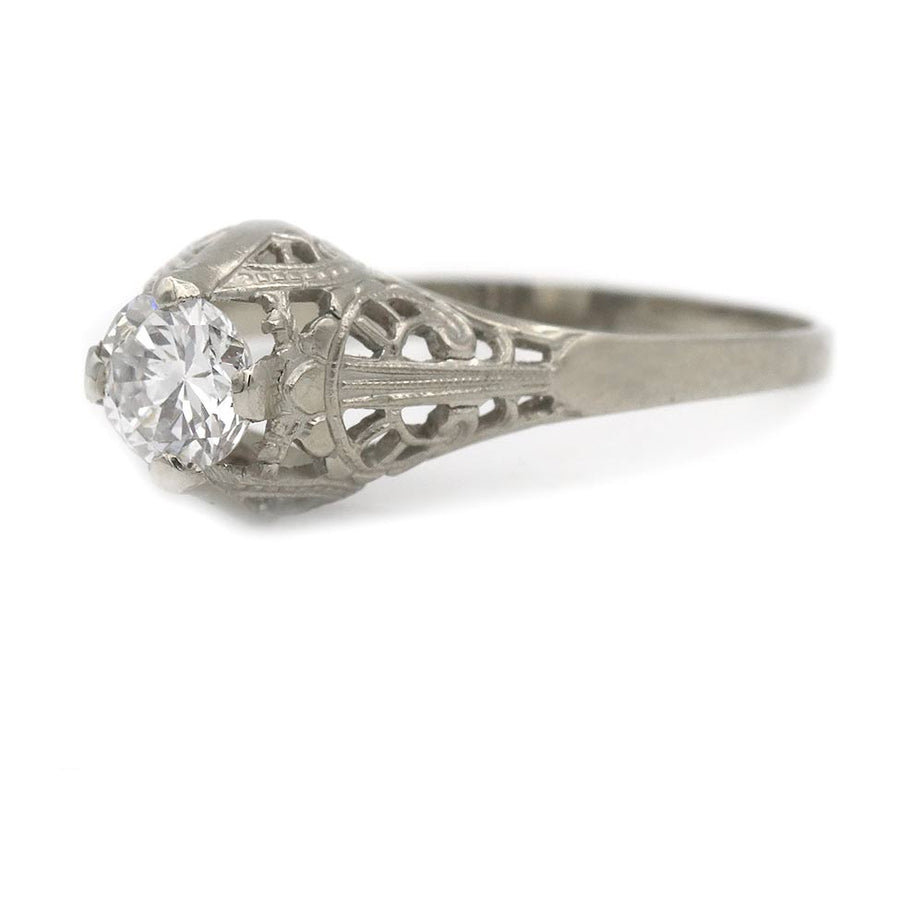 Art Deco .39 Ct GIA Old European Cut Diamond Solitaire Engagement Ring in 14 Karat White Gold