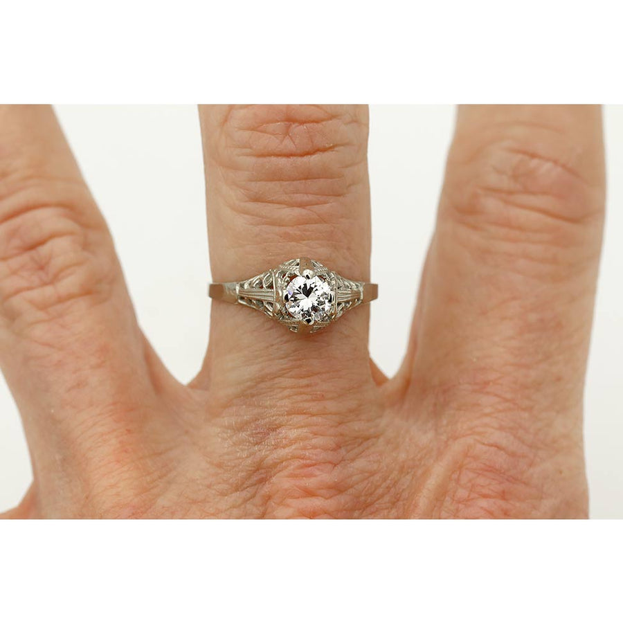Art Deco .39 Ct GIA Old European Cut Diamond Solitaire Engagement Ring in 14 Karat White Gold