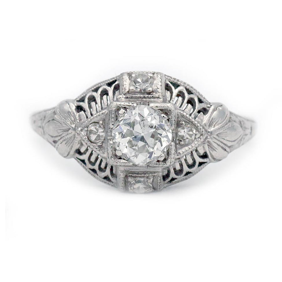 Art Deco .40 Ct Old European Cut Diamond Platinum Vintage Engagement Ring