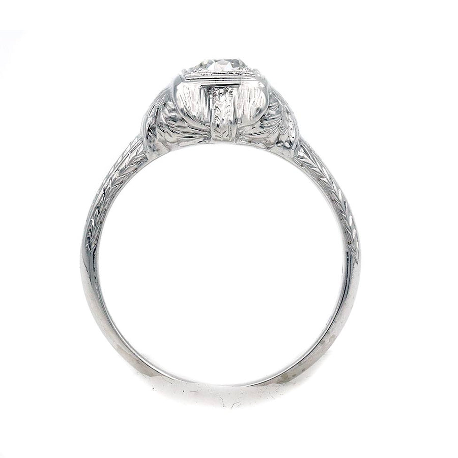 Art Deco .20 Carat Old European Cut Diamond Engagement Ring | J VS2 18k White Gold Square Milgrain