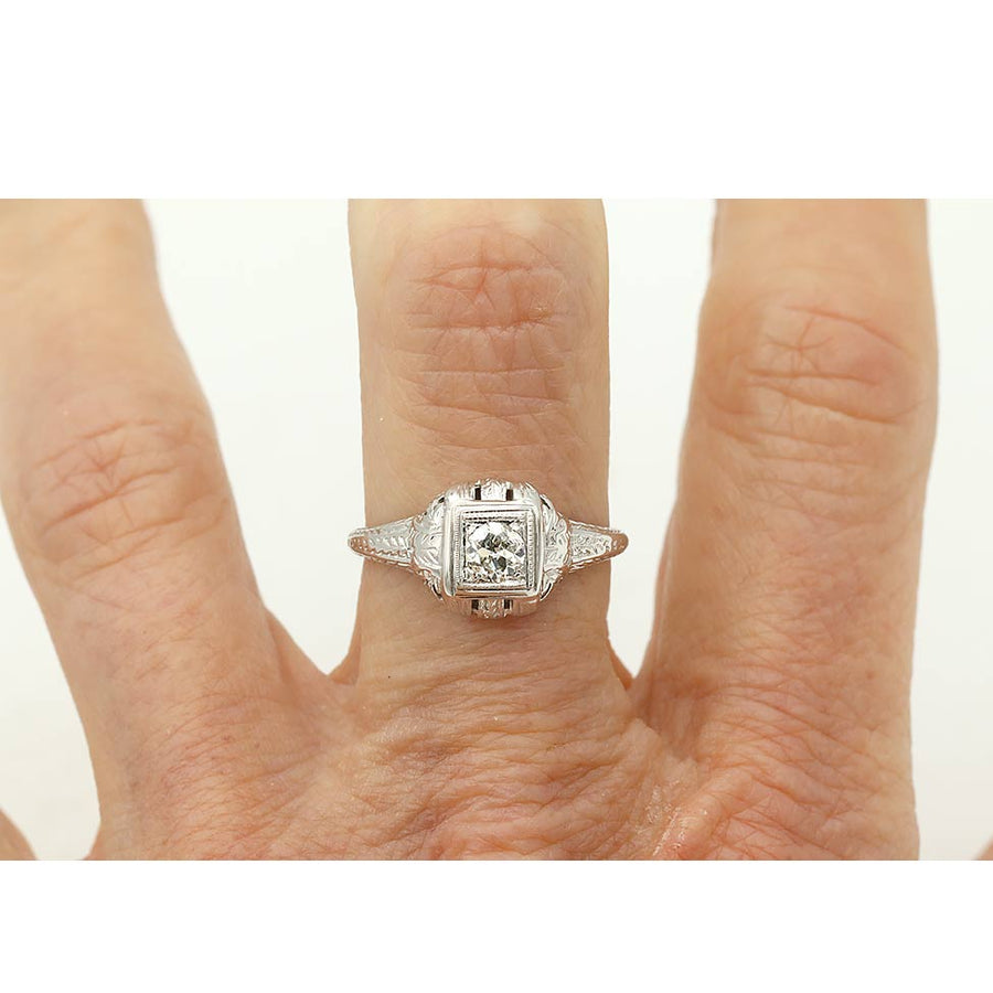 Art Deco .20 Carat Old European Cut Diamond Engagement Ring | J VS2 18k White Gold Square Milgrain