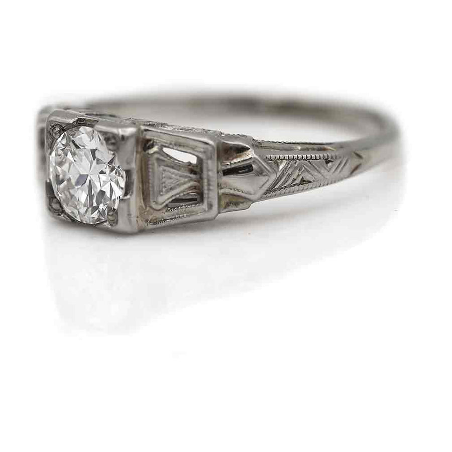 Art Deco .65 CTW 18 Karat White Gold European Cut Diamond Solitaire Antique Engagement Ring